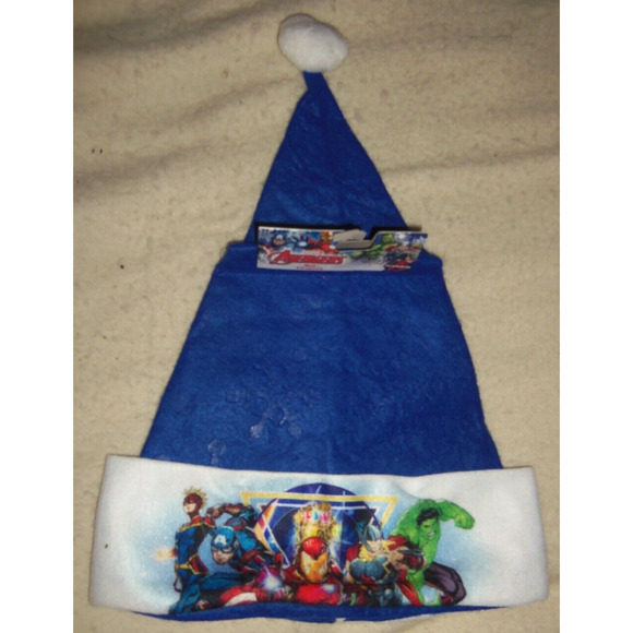 5 Marvel Avengers Heroes on 16" Blue Felt Christmas Santa Hats made by RUZ - Picture 1 of 4